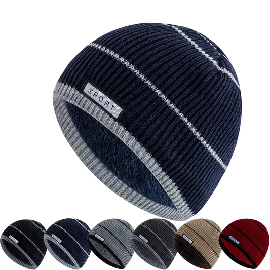 Navy striped beanie with 'Sport' label, shown in multiple colour variations on a white background.