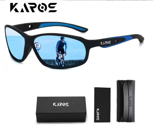 Sunglasses with blue reflective lenses, case, and cleaning cloth on a white background with 'KAROS' branding.