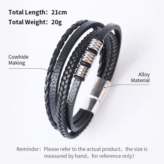Black braided leather bracelet with alloy material showing specifications on a white background
