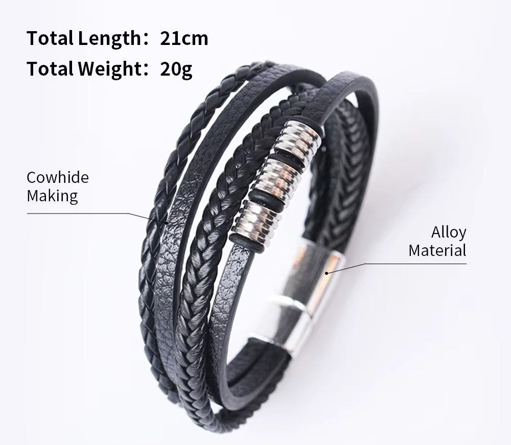 Black braided leather bracelet with alloy material on a white background, showing total length and weight.