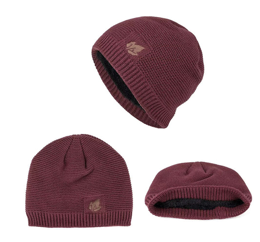 Three views of a Burgundy knit beanie with a logo on a white background
