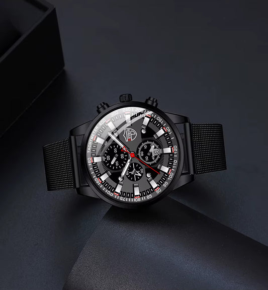 Black wristwatch with detailed face on a dark background