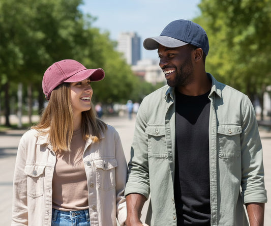 Couple wearing baseball caps walking and talking outdoors with trees and buildings in the background