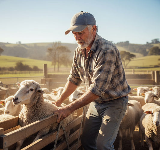Man interacting with sheep in a pastoral setting wearing a khaki and grey baseball cap