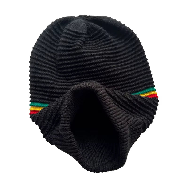 Black knit beanie with colorful stripes on a white background
