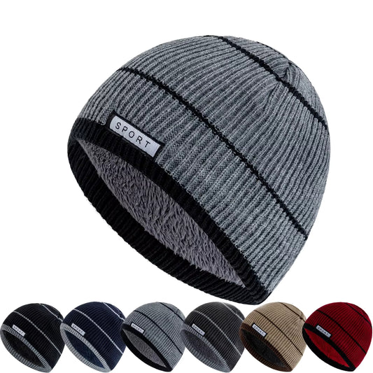 Grey knit beanie with black stripe and 'Sport' label, shown in multiple colour options on a white background.