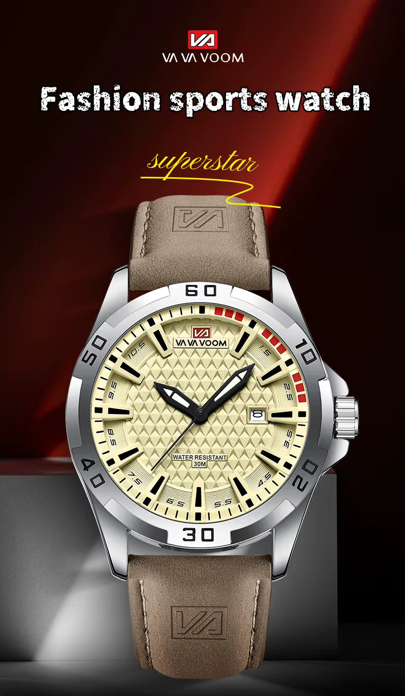 Fashion sports watch with brown leather strap and beige dial on a dark background, featuring VAVVOOM branding.