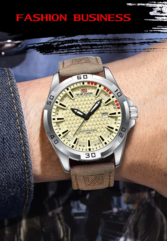 Wristwatch with brown leather strap and beige dial on a wrist, with 'Fashion Business' text at the top.