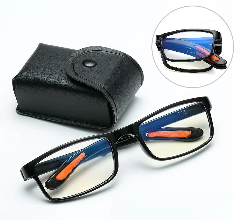 Black-framed glasses on a white background, accompanied by a black case.