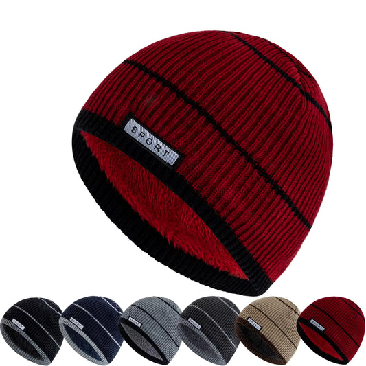 Red knit beanie with black stripe and 'Sport' label, displayed with color options on a white background.