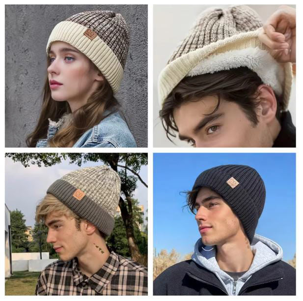 Collage of people wearing knit beanies in various settings