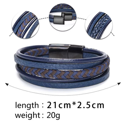 Blue leather bracelet with braided design and metal clasp, showing close-up details on a white background.