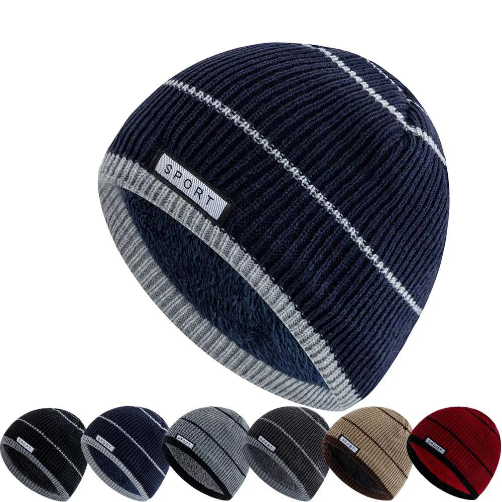 Navy striped beanie with 'Sport' label, shown in multiple colour variations on a white background.