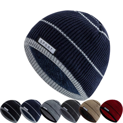 Navy striped beanie with 'Sport' label, shown in multiple colour variations on a white background.