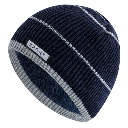 Navy blue beanie with stripes and 'Sport' label on a white background
