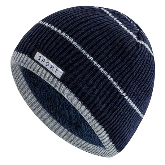 Navy blue beanie with stripes and 'Sport' label on a white background