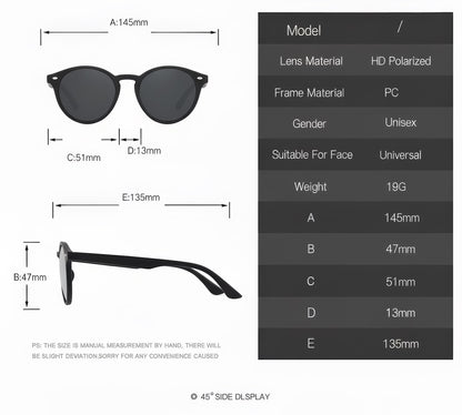Sunglasses with dimensions and specifications on a white background