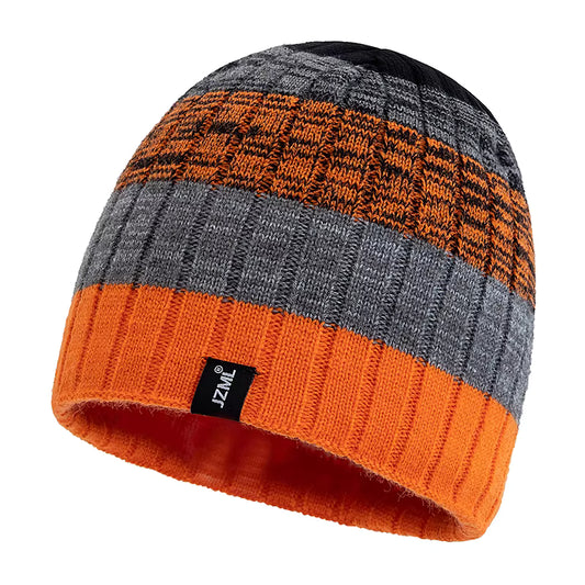Knitted beanie with orange and grey pattern on a white background