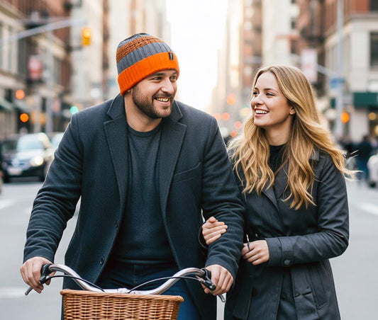 Man and woman walking together on a city street, man wearing a striped beanie and on a bicycle.