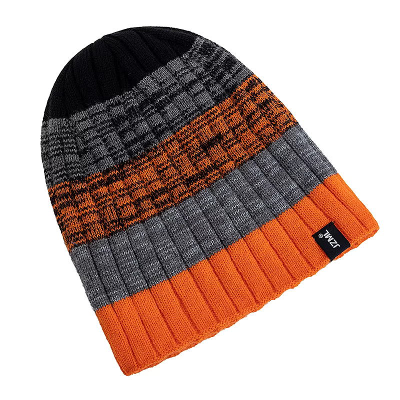 Knitted beanie with black, grey, and orange stripes on a white background