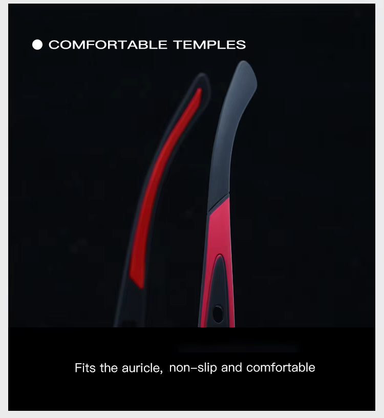 Red and black earbud temples with text on a black background