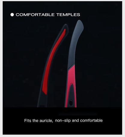 Red and black earbud temples with text on a black background