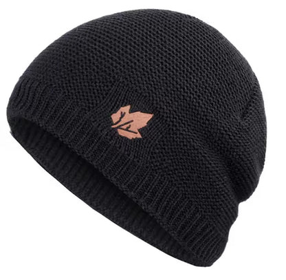Black knit beanie with a rose gold logo on a white background