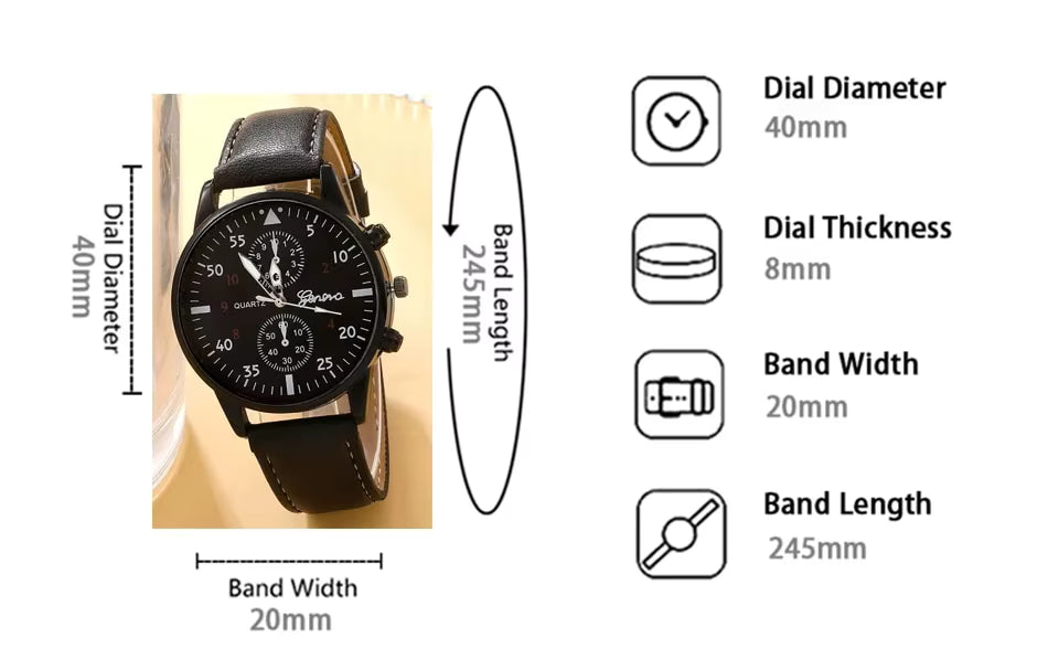 Black wristwatch with measurements on a white background