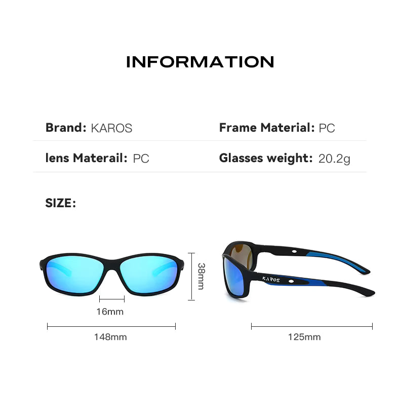 Sunglasses with brand information, material details, and dimensions on a white background