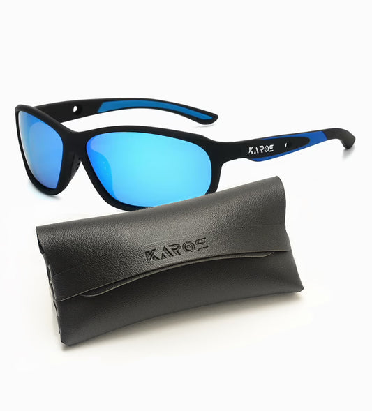 Sunglasses with blue lenses and black frame, accompanied by a black case on a white background.