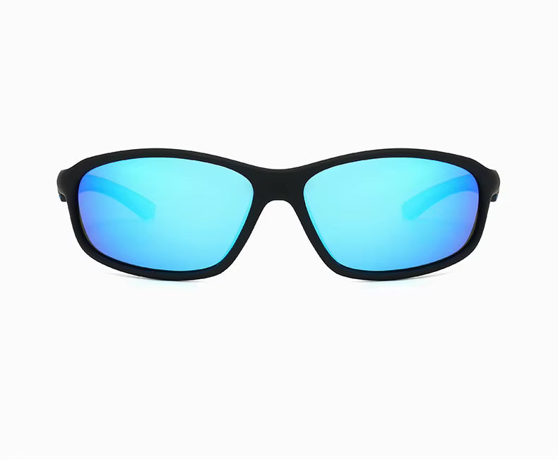 Sunglasses with blue lenses and black frame on a white background