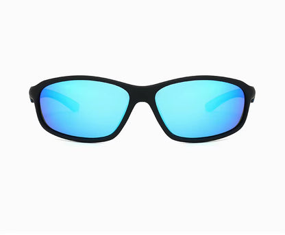 Sunglasses with blue lenses and black frame on a white background