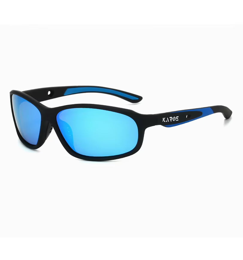 Sunglasses with blue lenses and black frames on a white background
