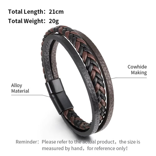 Brown braided leather bracelet with alloy clasp on a white background, showing weight and material details.