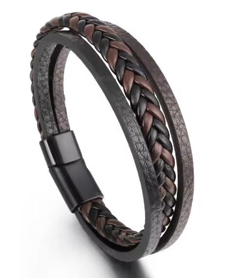 Multistrand braided leather bracelet with a black clasp on a white background