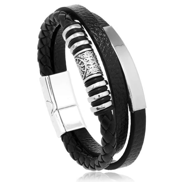 Black braided leather bracelet with silver accents on a white background
