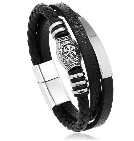 Black braided leather bracelet with silver metal accents on a white background