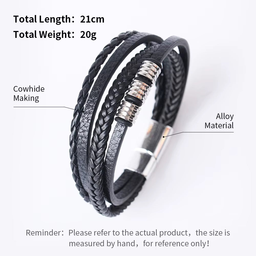 Black braided leather bracelet with alloy material showing specifications on a white background