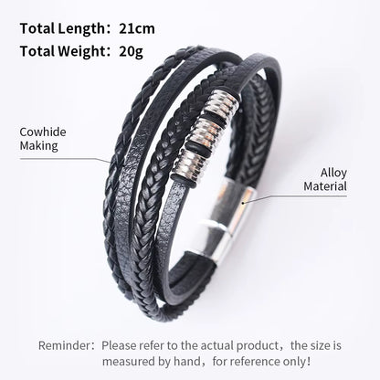 Black braided leather bracelet with alloy material showing specifications on a white background