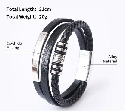 Black braided leather bracelet with silver accents on a white background