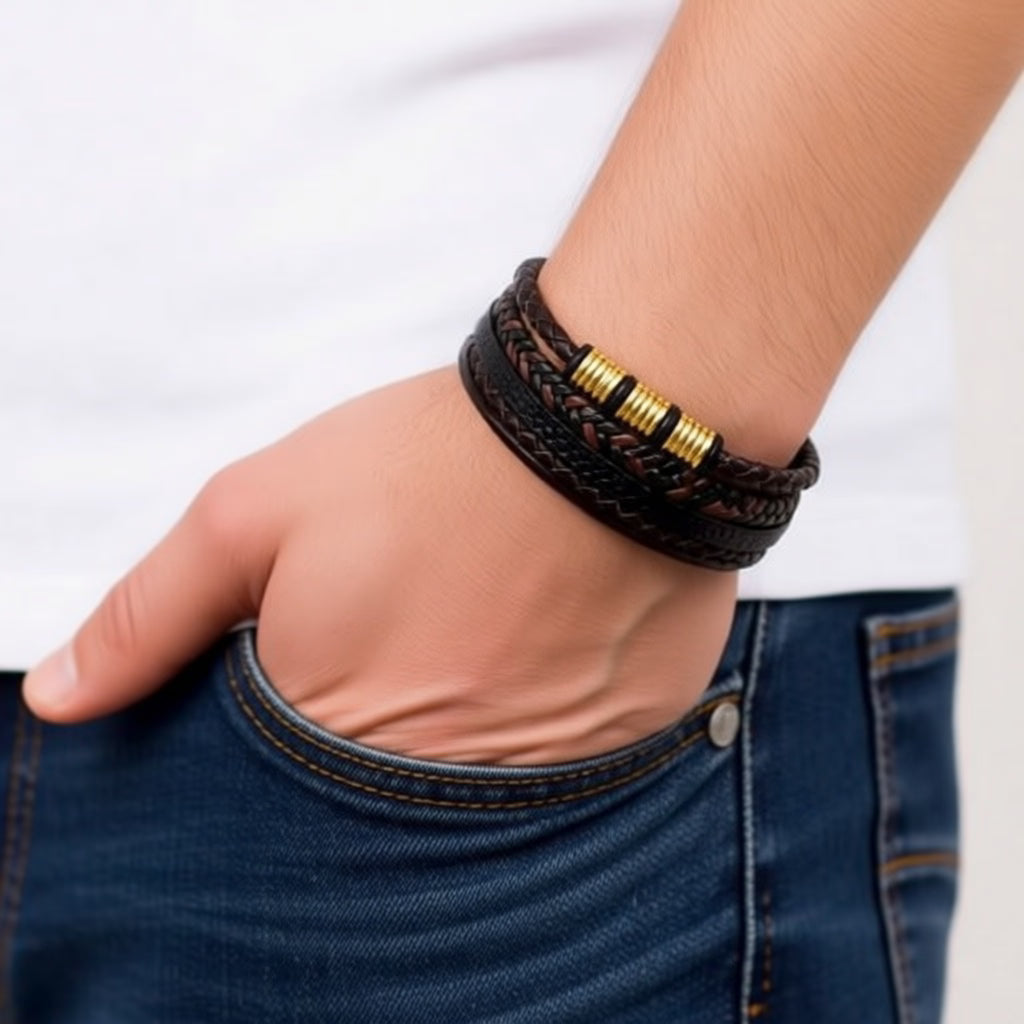 Classic Men's Leather Bracelet - Style L121 Brown/gold