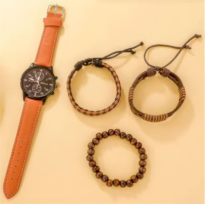 Watch with brown leather strap and three bracelets on a beige background