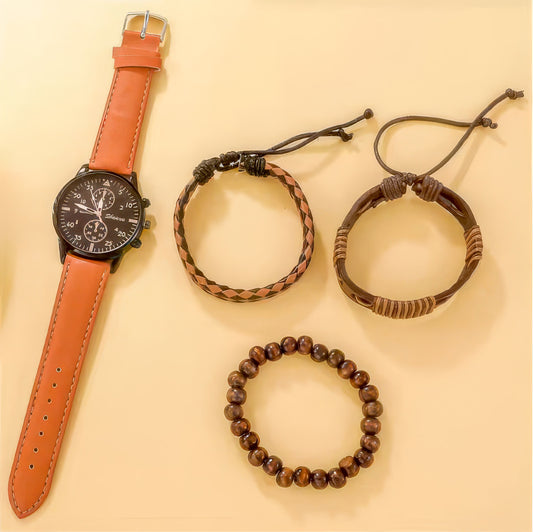 Watch with brown leather strap and three bracelets on a beige background