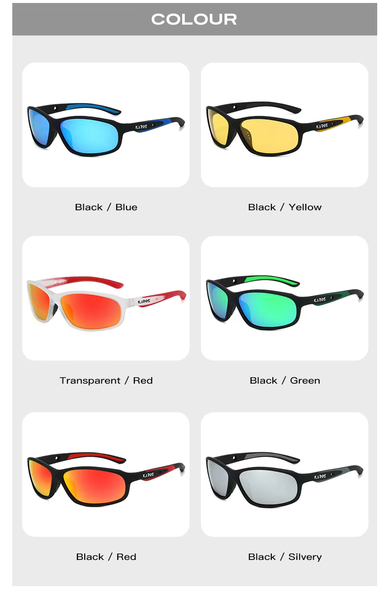 Sunglasses with different colour combinations displayed on a grey background