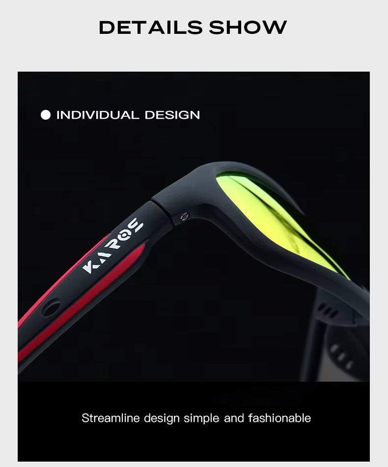 Glasses with a black and red frame and green lens on a dark background, featuring the brand 'KAROS'.