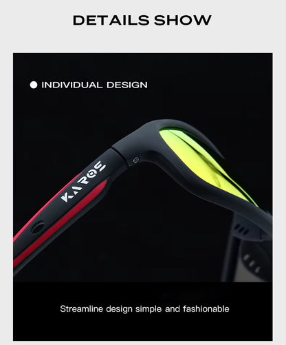 Glasses with a black and red frame and green lens on a dark background, featuring the brand 'KAROS'.