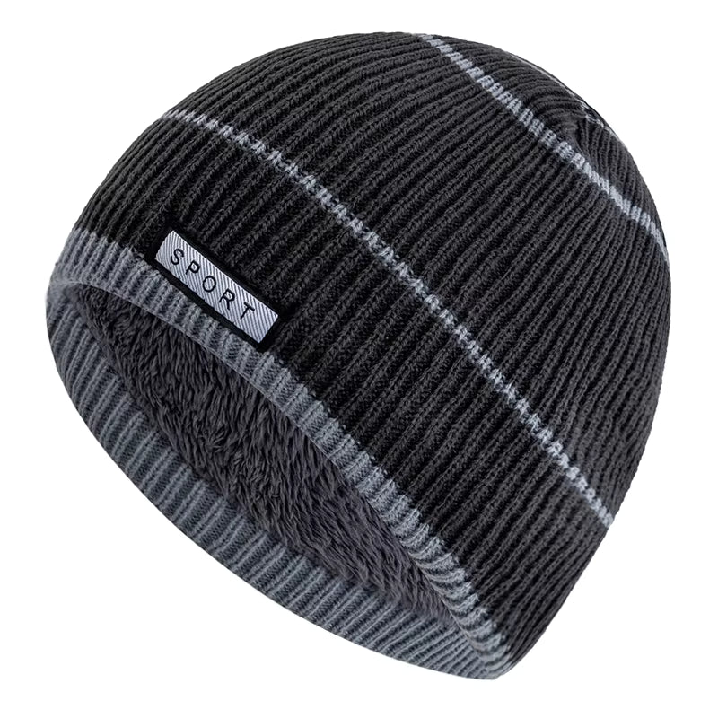Grey beanie with stripe pattern and 'Sport' label on a white background