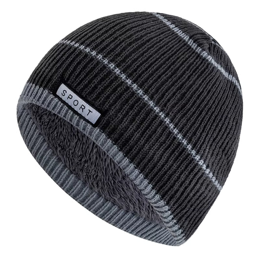 Grey beanie with stripe pattern and 'Sport' label on a white background