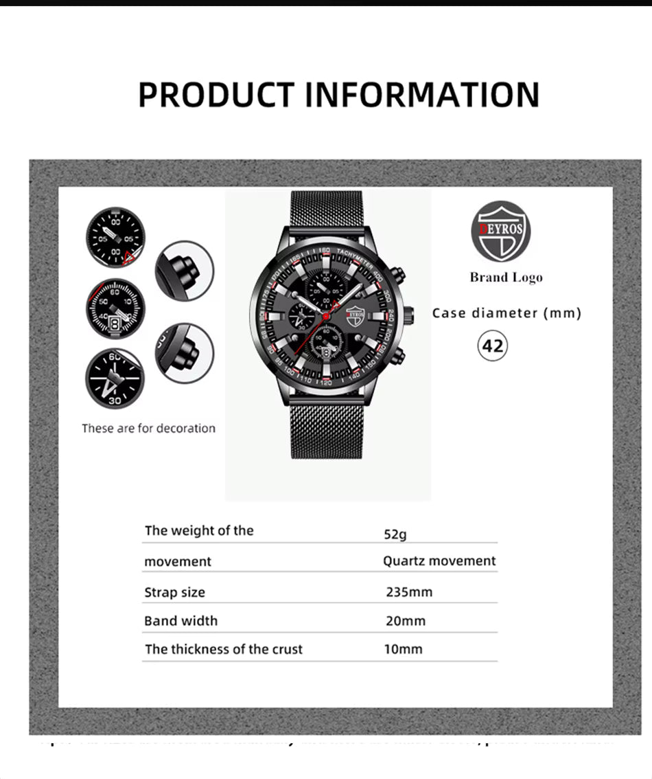 Product information card for a watch with specifications and brand logo.
