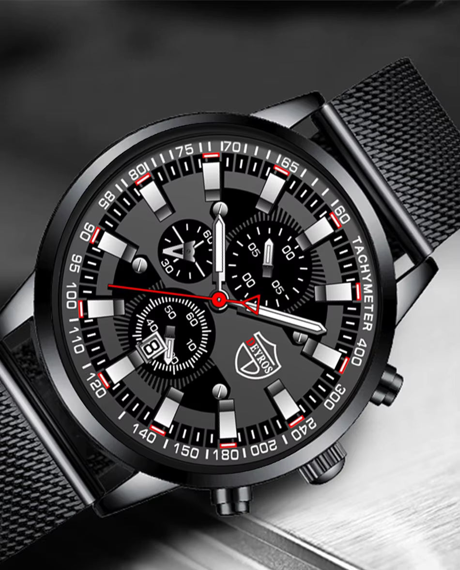 Black wristwatch with detailed face on a dark background